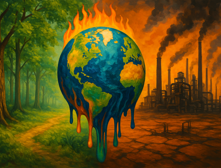 Melting Earth, or Forest + Factory contrast Global environmental challenges and solutions in 2025