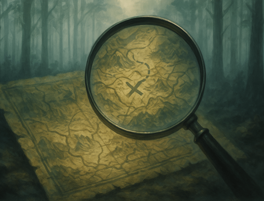Abstract foggy forest, magnifying glass over secret map, detective theme Exploring the hidden depths of human mystery and problem-solving in 2025