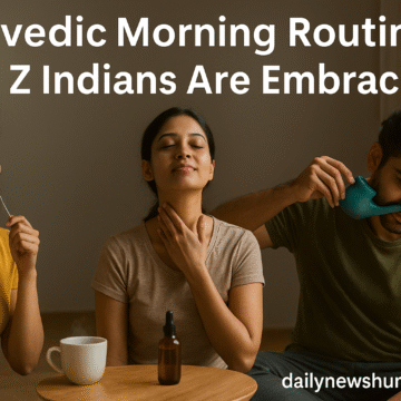 Gen Z Indians practicing Ayurvedic morning rituals like tongue scraping and oil massage